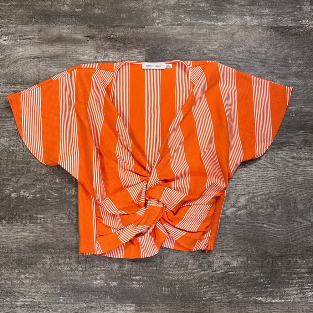 Bishop + Young Orange White Striped Twist Front V-Neck Crop Top XL K1DTK1382AN